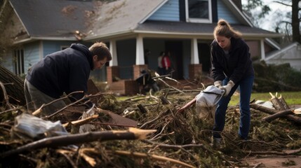 Young couple clearing up storm debris from the drive of their house.