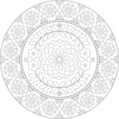 Folk Scandinavian floral ornament in round frame illustration, Black outline mandala, embroidery template, coloring page.