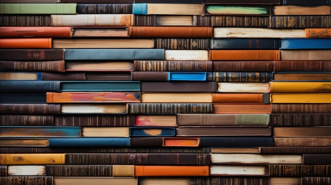 Photo background of books, stacked horizontally, forming abstract pattern
