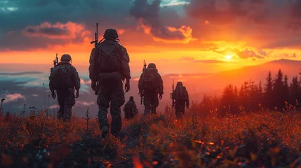 Tuinposter Silhouettes of army soldiers in the fog against a sunset, marines team in action © Vasiliy