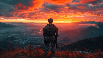 Silhouettes of army soldiers in the fog against a sunset, marines team in action - obrazy, fototapety, plakaty