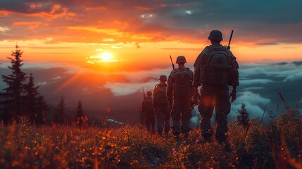 Silhouettes of army soldiers in the fog against a sunset, marines team in action - obrazy, fototapety, plakaty