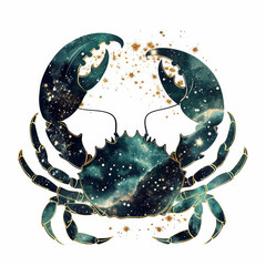 Horoscope. Cancer zodiac sign. Double exposure illustration combined with raw ink drawing of stars and constellations. Dark blue, green and gold color scheme. White background.