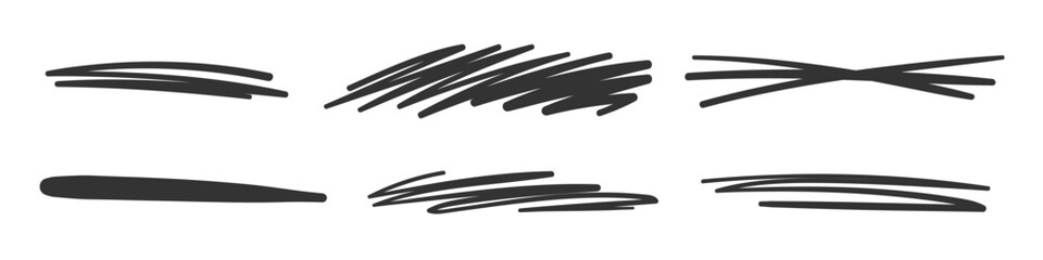 Hand Drawn Strikethrough Lines Set. Diverse Collection of Freehand Emphasis Elements, Underlines, and Crossed Scribble Stripes