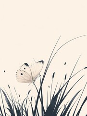 butterfly on flower in meadow with filter effect retro vintage style. A minimalist composition featuring a solitary May butterfly resting on a single blade of grass