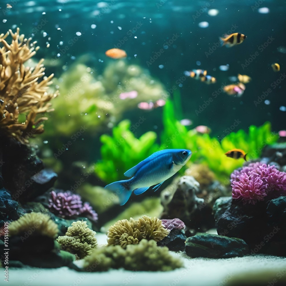 Poster AI generated illustration of colorful fish swimming by a fish in an aquarium