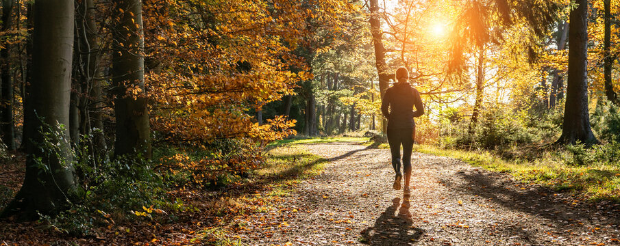 Female Runner in Silent Forest in spring with beautiful bright sun rays