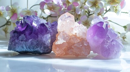 Spiritual assembly of soothing Amethyst, celestial Moonstone, and loving Rose Quartz, beautifully arranged on a white surface