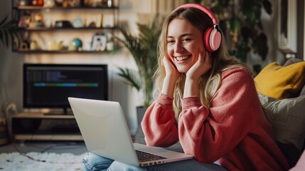Cheerful young woman in headphones having web conference while working from home - obrazy, fototapety, plakaty