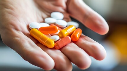 Close-up of large amount of pills in an up turned hand