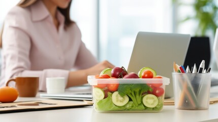Obraz na płótnie Canvas Female office worker at her desk, with healthy, lunch of fruit and vegetables in a Tupperware container corner of desk. Theme healthy, eating