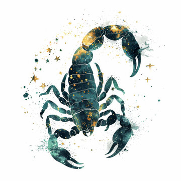 Horoscope. Scorpio zodiac sign. Double exposure illustration combined with raw ink drawing of stars and constellations. Dark blue, green and gold color scheme. White background.