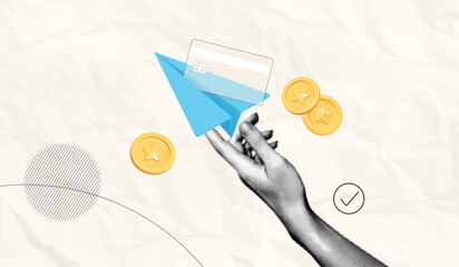 Trendy Halftone Collage Hand sends money online. Banking payments. Blue paper airplane with credit card and floating golden coins. Digital finance transaction. Contemporary vector illustration art - obrazy, fototapety, plakaty