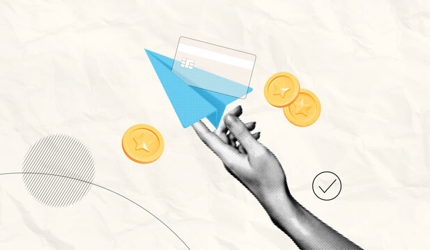 Trendy Halftone Collage Hand sends money online. Banking payments. Blue paper airplane with credit card and floating golden coins. Digital finance transaction. Contemporary vector illustration art