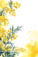 Fotobehang Bright yellow marigold flowers with green leaves elegantly arranged in a corner frame on a clean white background, symbolizing joy and freshness.  © Vera