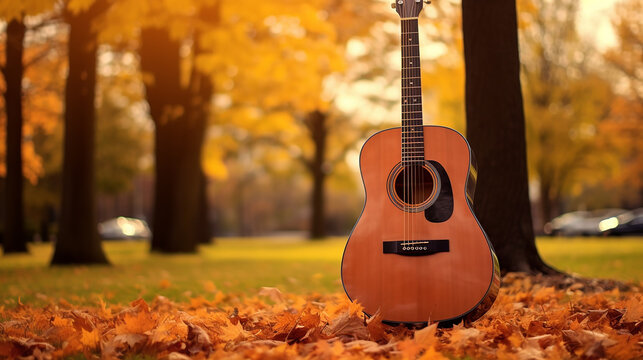 Acoustic Guitar In The Autumn Park