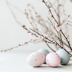 Serene Easter composition with pastel-colored eggs and delicate cherry blossoms on a clean white background, symbolizing spring and renewal.