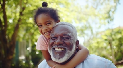 Afro-Caribbean grandfather Sharing laughter with his granddaughter in local park