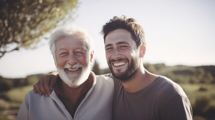 Middle-aged son and father sharing a laugh in the outdoor sunshine.