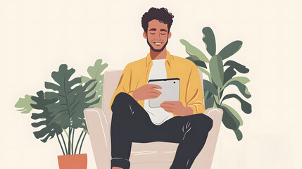 Man sitting on a sofa using a tablet, vector style with pastel colors (Generative AI)