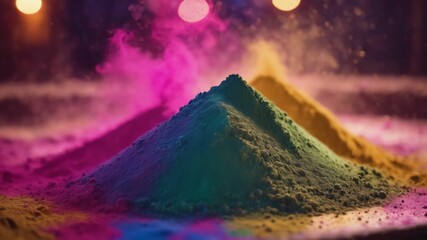 Abstract template on dust powder explosion Holi backdrop. Indian traditional Holiday, generative AI - obrazy, fototapety, plakaty