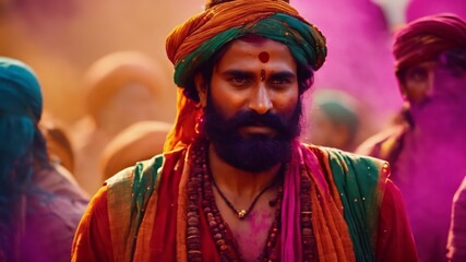 Obraz premium Abstract template on dust powder explosion Holi backdrop. Indian traditional Holiday, generative AI