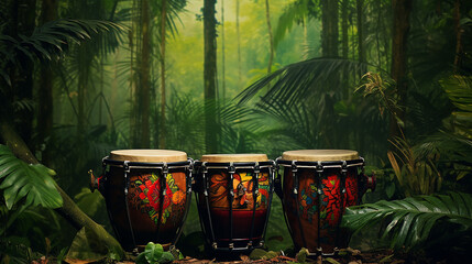 Bongos in the rainforest under a canopy of lush foliage, a pair of bongos wait to be played - obrazy, fototapety, plakaty