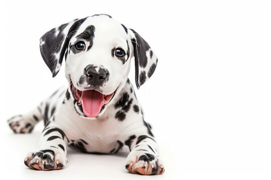 Closeup Full Body Photograph of a Happy Dalmation Puppy Lying Down with a Playful Smile, Isolated on a Solid White Background