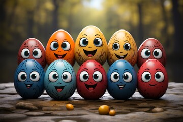 Joyful Easter Eggs with Expressive Faces on Nature Background