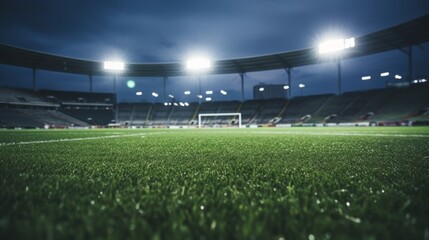 Low angle view of bright green grass football field, blurred stadium and flood lights in the...