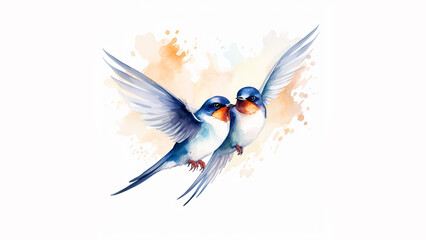 watercolor pair of cute swallows in love playfully flying around each other, white background - obrazy, fototapety, plakaty
