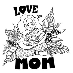 Mother with a baby doodle outline illustration. Hand drawn linear illustration of a mother with a baby with floral abstract background. Happy Mother's Day card, background.
