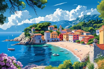 A vibrant resort town nestled among tropical mountains and lush greenery, with boats bobbing in the crystal blue ocean and houses dotted along the sandy shore - obrazy, fototapety, plakaty