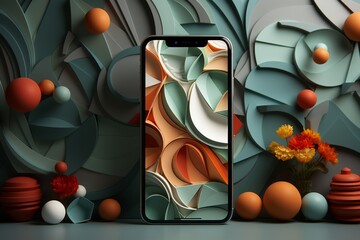 Abstract 3D Art Composition with Smartphone and Geometric Shapes