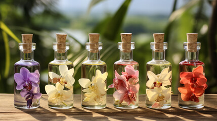 Bottles of natural aroma oil Bottles with orchid