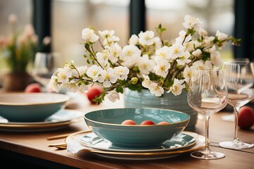 Obraz na płótnie Canvas Elegant Spring Table Setting with Cherry Blossoms