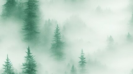 Watercolor background drawn landscape of foggy forest Wild nature, frozen, misty, taiga. generative, AI.