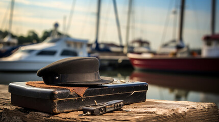 Harmonica at the Harbor on a weathered dock, a harmonica lies next to an old sailor's cap - obrazy, fototapety, plakaty