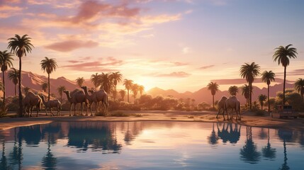 A desert oasis with palm trees, camels, and a shimmering pool of water mirroring the endless sky. - obrazy, fototapety, plakaty
