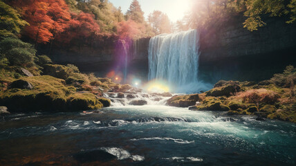 Fototapeta na wymiar Beautiful Waterfall with sunlight background.