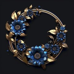 3d blue with golden wreath wedding floral frame pictures black background