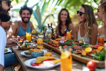 A diverse group of individuals gathered around a table, adorned in fashionable clothing and enjoying a delicious outdoor meal, with bottles of drinks in hand and beaming expressions on their human fa