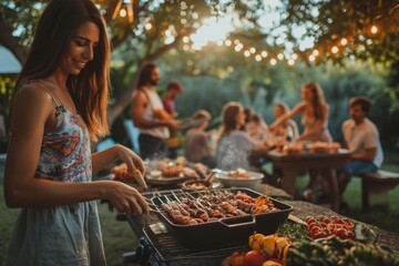 A woman stands gracefully outdoors, donning her apron as she prepares succulent street food on a...