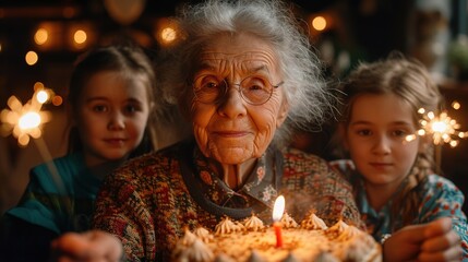 Obraz na płótnie Canvas Grandma and grandchildren are sitting in front of a birthday cake