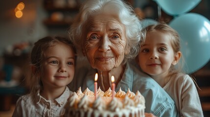Grandma and grandchildren are sitting in front of a birthday cake