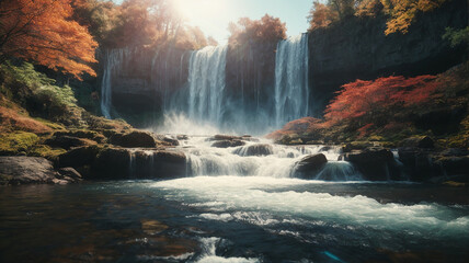 Beautiful Waterfall with sunlight background.