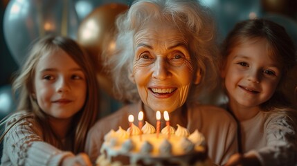 Grandma and grandchildren are sitting in front of a birthday cake - obrazy, fototapety, plakaty