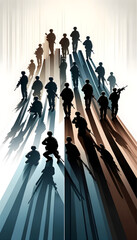 Silhouetted Armed Forces Divided on Gradient Backdrop, Power & Solidarity Concept - Military Vector Illustration with Rifle-Armed Soldier Silhouettes for Defense and Strategy Themes