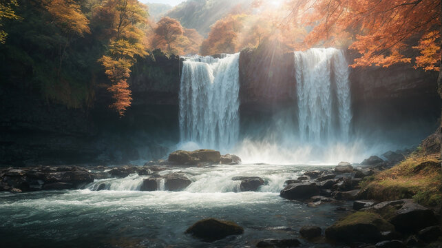 Beautiful Waterfall with sunlight background.