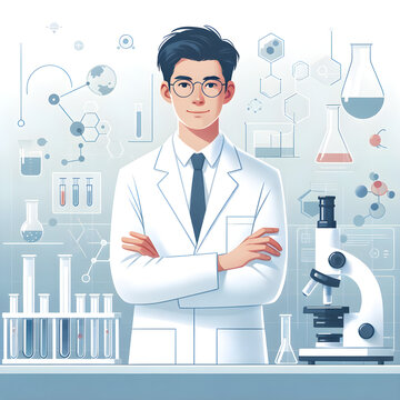 Confident Young Male Scientist in Lab Coat with Crossed Arms in Vibrant Laboratory - Concept of Innovative Research and Science Passion